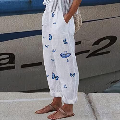 כותנה פשתן קאפרי מכנסיים נשים קיץ מקרית קאפרי מכנסיים עם כיסים גבוהה מותן קומפי חוף מכנסיים שן הארי הרמון מכנסיים