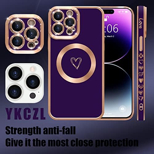 Ykczl תואם לאייפון 14 Pro Case Magsafe, ציפוי יוקרה לב חמוד לב מלא מצלמה גנת עדשות מגנט למקרה מגנטי לאייפון 14 Pro לנשים עמוקות סגול