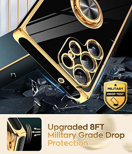 Leyi for Samsung Galaxy S23 Ultra 5G Case עם 360 ° מחזיק טבעת סיבוב מגנטית, ציפוי מקרה מגן על קצה זהב ורד, שחור