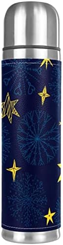 כוכבים צהובים כחולים פתיתי שלג ואקום מבודד נירוסטה בקבוקי תרמוס 16oz, הוכחת דליפה לשימוש חוזר בקבוק מים ללא BPA עם מכסה כוס, שומרים על