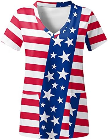4 ביולי חולצת טי לנשים דגל ארה ב קיץ חולצת טי עם צווארון שרוול קצר עם 2 כיסים חולצות בגדי עבודה מזדמנים לחג