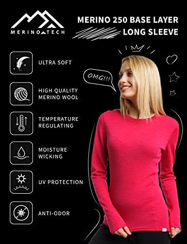 Merino.Tech Merino Wool Layer Layer נשים צמר מרינו קל משקל קל, חולצות תרמיות של שרוול ארוך משקל אמצעי + גרבי צמר