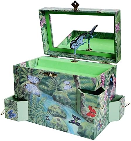 קופסת תכשיטים מוזיקלית של מאריפוסה לילדות - קופסת אוצר לילדים עם פרפר מסתובב, 3 מגירות נשלפות ומראה - מתנת הנכדה הטובה ביותר לגילאי 3+